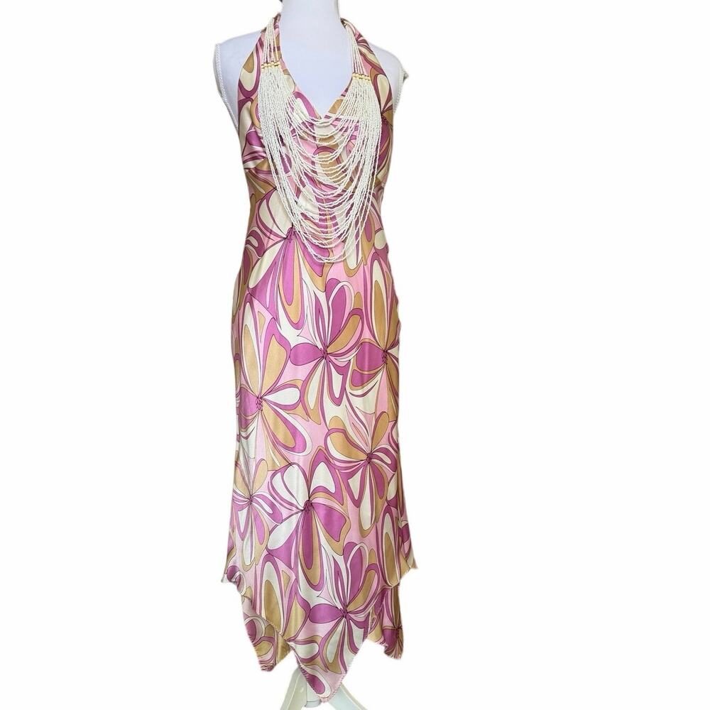 Poleci 100% Silk Halter Dress Beaded Necklace Collar Pink Floral Psychedelic 6